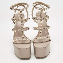 Pre Owned Valentino Dusty Pink Leather Rockstud Ankle Strap Block Heel Platform Sandals Size 36.5