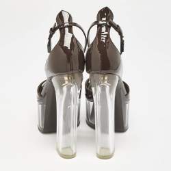 Pre Owned Valentino Dark Brown Patent Leather and Vinyl Tan-Go Platform Ankle Strap Sandals Size 36