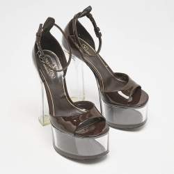 Pre Owned Valentino Dark Brown Patent Leather and Vinyl Tan-Go Platform Ankle Strap Sandals Size 36