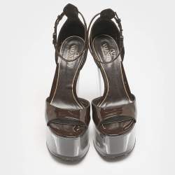 Pre Owned Valentino Dark Brown Patent Leather and Vinyl Tan-Go Platform Ankle Strap Sandals Size 36