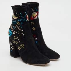 Valentino Black Suede Astro Couture Block Heel Ankle Length Boots Size 39