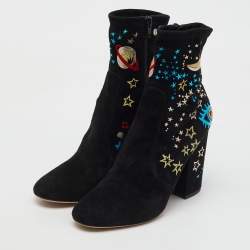 Valentino Black Suede Astro Couture Block Heel Ankle Length Boots Size 39