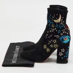 Valentino Black Suede Astro Couture Block Heel Ankle Length Boots Size 39