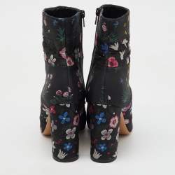 Valentino Black Fabric Floral Print Block Heel Ankle Length Boots Size 40
