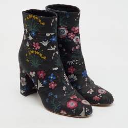 Valentino Black Fabric Floral Print Block Heel Ankle Length Boots Size 40