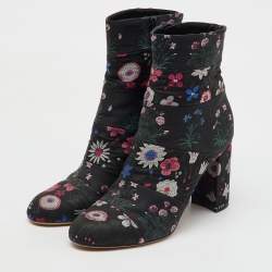 Valentino Black Fabric Floral Print Block Heel Ankle Length Boots Size 40