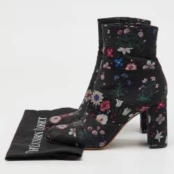 Valentino Black Fabric Floral Print Block Heel Ankle Length Boots Size 40