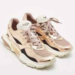 Pre Owned Valentino Rose Gold Leather and Mesh Bounce Sneakers Size 40