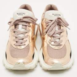Pre Owned Valentino Rose Gold Leather and Mesh Bounce Sneakers Size 40