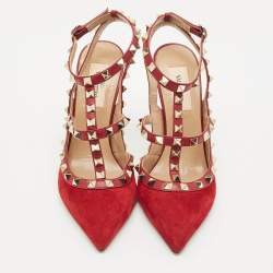 Valentino Red Suede Rockstud Ankle Strap Pumps Size 37