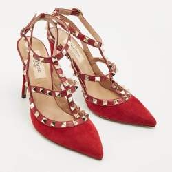 Valentino Red Suede Rockstud Ankle Strap Pumps Size 37