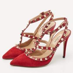 Valentino Red Suede Rockstud Ankle Strap Pumps Size 37