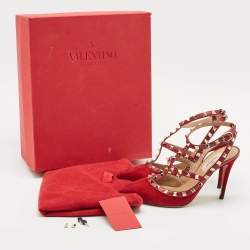 Valentino Red Suede Rockstud Ankle Strap Pumps Size 37