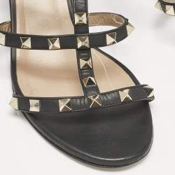 Valentino Black Leather Rockstud Block Heel Slide Sandals Size 39.5
