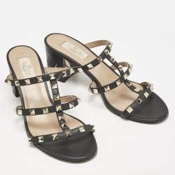 Valentino Black Leather Rockstud Block Heel Slide Sandals Size 39.5