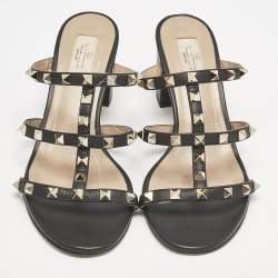 Valentino Black Leather Rockstud Block Heel Slide Sandals Size 39.5