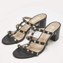 Valentino Black Leather Rockstud Block Heel Slide Sandals Size 39.5