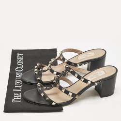 Valentino Black Leather Rockstud Block Heel Slide Sandals Size 39.5