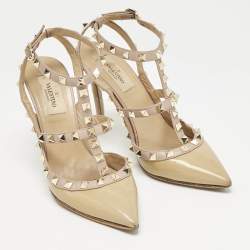 Valentino Beige/Dusty Pink Patent Leather Rockstud Caged Ankle Strap Pumps Size 37