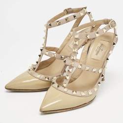 Valentino Beige/Dusty Pink Patent Leather Rockstud Caged Ankle Strap Pumps Size 37