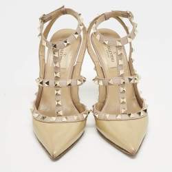 Valentino Beige/Dusty Pink Patent Leather Rockstud Caged Ankle Strap Pumps Size 37