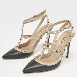 Valentino Black/Pink Leather Rockstud Caged Pumps Size 37.5
