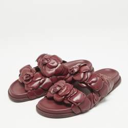 Valentino Burgundy Leather Atelier 03 Rose Edition Flat Slide Sandals Size 39