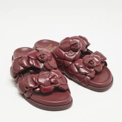 Valentino Burgundy Leather Atelier 03 Rose Edition Flat Slide Sandals Size 39