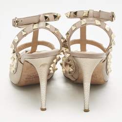 Valentino Metallic/Beige Leather Rockstud Caged Ankle Strap Pumps Size 37