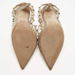 Valentino Metallic/Beige Leather Rockstud Caged Ankle Strap Pumps Size 37