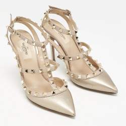Valentino Metallic/Beige Leather Rockstud Caged Ankle Strap Pumps Size 37