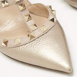 Valentino Metallic/Beige Leather Rockstud Caged Ankle Strap Pumps Size 37