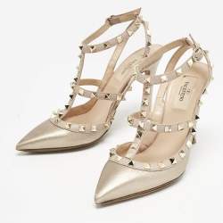 Valentino Metallic/Beige Leather Rockstud Caged Ankle Strap Pumps Size 37