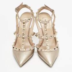 Valentino Metallic/Beige Leather Rockstud Caged Ankle Strap Pumps Size 37