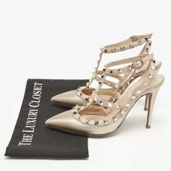 Valentino Metallic/Beige Leather Rockstud Caged Ankle Strap Pumps Size 37