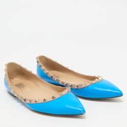 Pre Owned Valentino Blue/Beige Leather Rockstud Ballet Flats Size 39