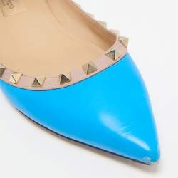 Pre Owned Valentino Blue/Beige Leather Rockstud Ballet Flats Size 39