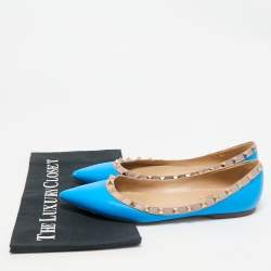 Pre Owned Valentino Blue/Beige Leather Rockstud Ballet Flats Size 39