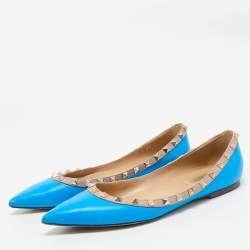 Pre Owned Valentino Blue/Beige Leather Rockstud Ballet Flats Size 39