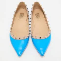 Pre Owned Valentino Blue/Beige Leather Rockstud Ballet Flats Size 39
