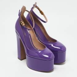 Valentino Purple Patent Leather Tango Platform Ankle Strap Block Heel Pumps Size 36
