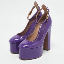 Valentino Purple Patent Leather Tango Platform Ankle Strap Block Heel Pumps Size 36