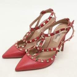 Valentino Red Leather Rockstud Ankle Strap Pumps Size 36