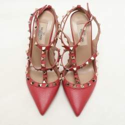 Valentino Red Leather Rockstud Ankle Strap Pumps Size 36