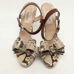 Valentino Beige Leather and Python Leather Bow Ankle Strap Sandals Size 37