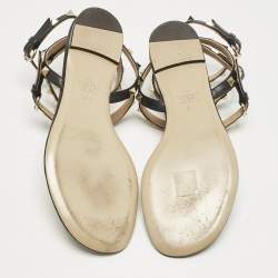 Pre Owned Valentino Black Leather Rockstud T- Strap Flat Sandals Size 37.5