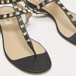 Pre Owned Valentino Black Leather Rockstud T- Strap Flat Sandals Size 37.5