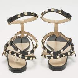 Pre Owned Valentino Black Leather Rockstud T- Strap Flat Sandals Size 37.5