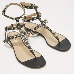 Pre Owned Valentino Black Leather Rockstud T- Strap Flat Sandals Size 37.5
