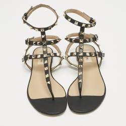 Pre Owned Valentino Black Leather Rockstud T- Strap Flat Sandals Size 37.5